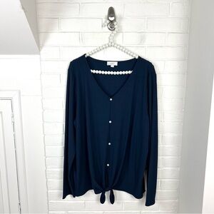 LOFT Navy Ribbed Knit Button Tie Front Long Sleeve Top Size XL